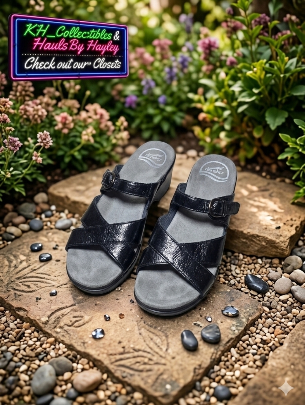Dansko Sissy Black Leather Wedge Slide Sandals EU 39 US 8.5-9 Comfort Slip-On